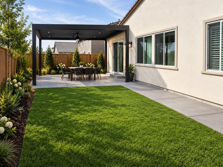 3D design of the same backyard with a pergola, patio, lawn and planting